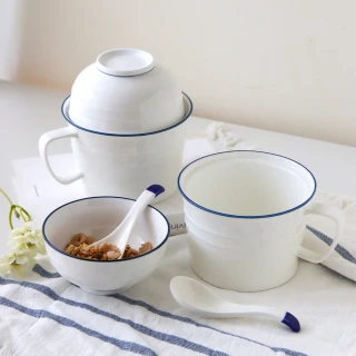 【Just Home】簡約藍邊陶瓷把手泡麵碗900ml-麵碗+飯碗+湯匙6件組(大容量/可微波/麵碗/湯碗/碗/飯碗)