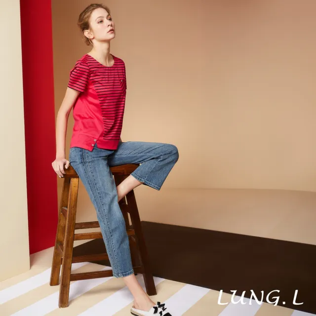 【LUNG.L 林佳樺】LR84E 藍色脇邊剪接女裝直筒九分牛仔褲(春夏新品 棉質)