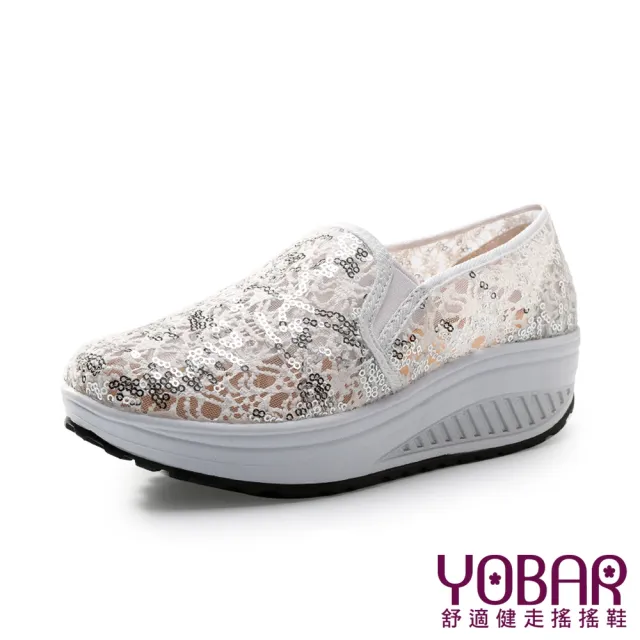 【YOBAR】歐美流行蕾絲亮片款透氣帆布懶人休閒搖搖鞋 健走鞋(白)