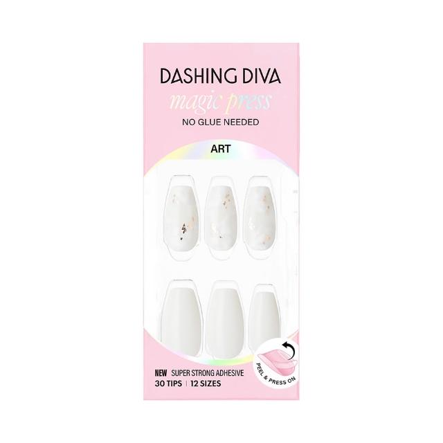 即期品【DASHING DIVA】MAGICPRESS 薄型經典美甲片_純白魅力(免照燈 可修剪 梯形 雪白 墨水 暈染 金箔 碎金