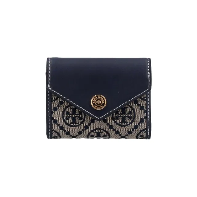 【TORY BURCH】T-MONOGRAM 緹花按扣短夾(海軍藍色)