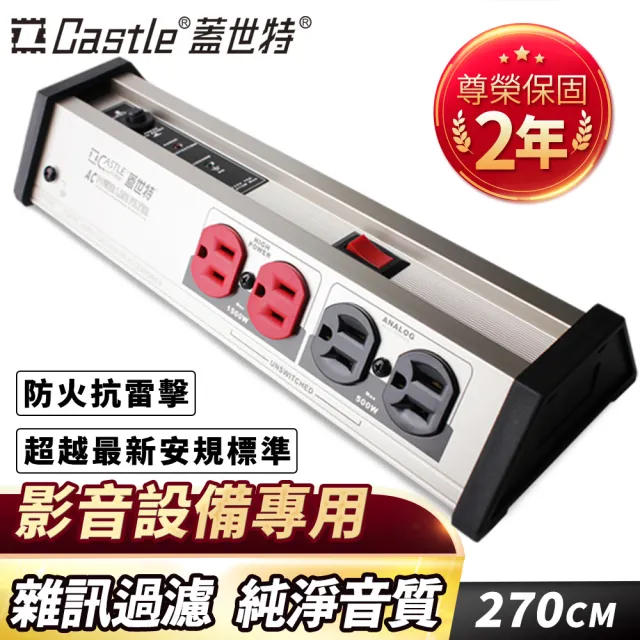 【Castle 蓋世特】官方總代理 1開8插 影音設備專用 鋁合金防火防雷淨化濾波轉接器插座-2.7M(鈦灰色)