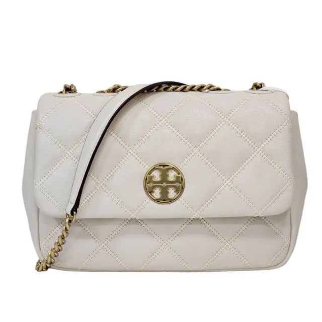 【TORY BURCH】WILLA 金LOGO菱格翻蓋肩背/斜背二用包/奶油白(贈原廠防塵袋紙袋送禮)