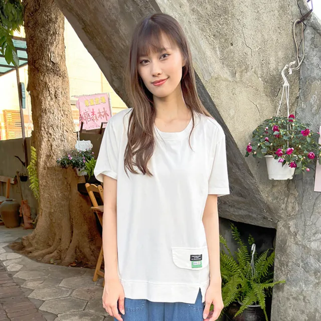 【Hana Mokuba】花木馬日系女裝圓領趣味假口袋造型開叉休閒T恤(T恤)