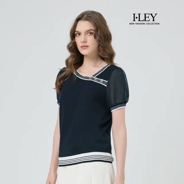 【ILEY 伊蕾】排釦不對稱造型棉質針織上衣(深藍;M-2L;1251405015)