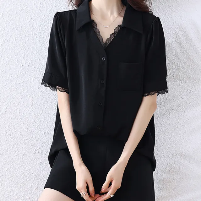 【麗質達人】6520黑色蕾絲拼接開杉上衣-LY(L-5XL)