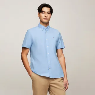 【Tommy Hilfiger】官方旗艦館 彈性短袖牛津襯衫 _藍色