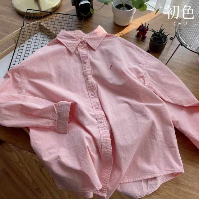 【初色】甜美風休閒寬鬆純色字母刺繡單排扣襯衫領長袖襯衫外套女外套-共5色-11383(F可選)