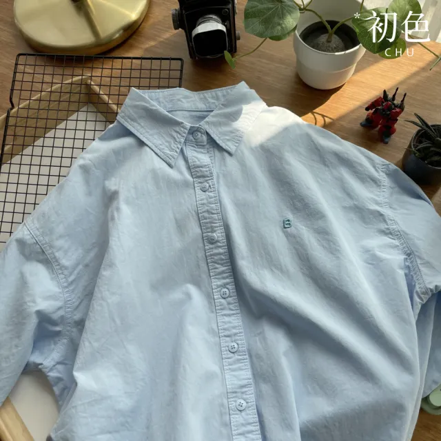 【初色】甜美風休閒寬鬆純色字母刺繡單排扣襯衫領長袖襯衫外套女外套-共5色-11383(F可選)