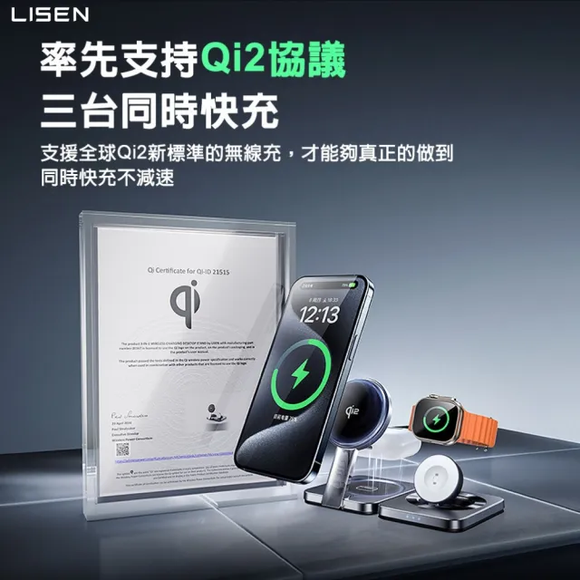 【Lisen】2E567 15W Qi2認證 三合一磁吸無線充折疊支架(無線/Magsafe/附充電線)