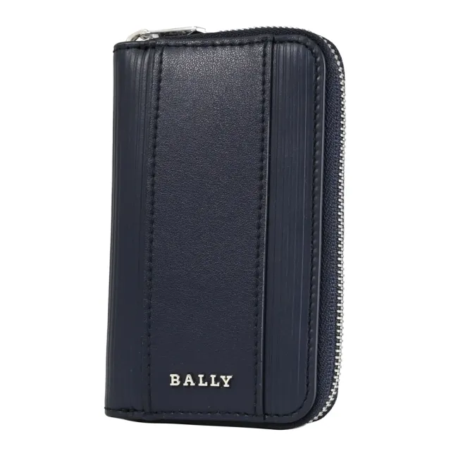 【BALLY】LITTS 線條壓紋牛皮拉鍊鑰匙包(深藍)