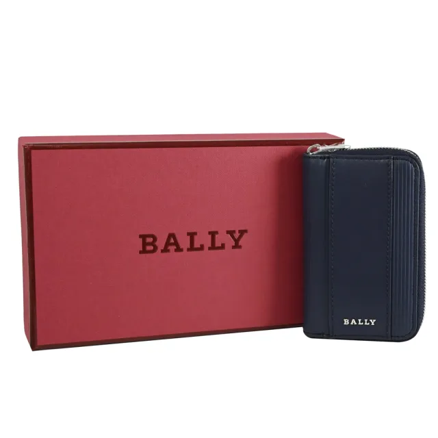 【BALLY】LITTS 線條壓紋牛皮拉鍊鑰匙包(深藍)