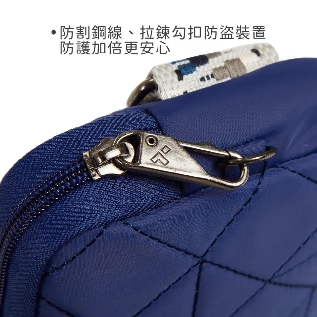 【Travelon】美國 Boho防盜斜背胸包 格紋藍 / 側背包 腰包 防搶包 防盜包 RFID