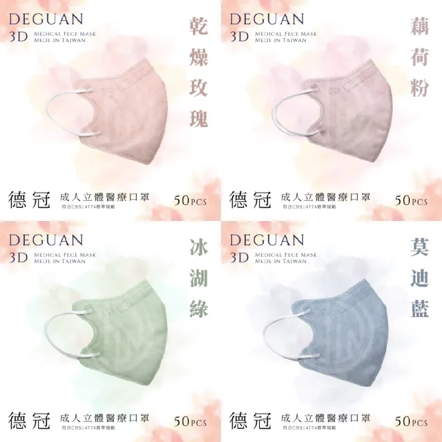【德冠DEGUAN】成人3D立體醫療口罩50入/盒(透氣材質｜鼻樑壓條｜彈力耳帶｜MIT製造)