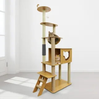 【貓本屋】挑高雙柵欄觀景台太空艙柚木紋貓跳台-175cm(附蹭毛柱)