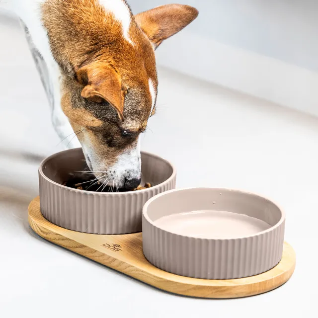 【DOG Copenhagen】丹麥犬Kronborg寵物雙碗餐墊組-大(歐洲匠心工藝 陶瓷狗碗橡木餐墊)
