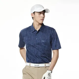 【Lynx Golf】男款歐洲進口絲光綿緹花拼圖風格花紋下擺開杈胸袋款短袖POLO衫(深藍色)