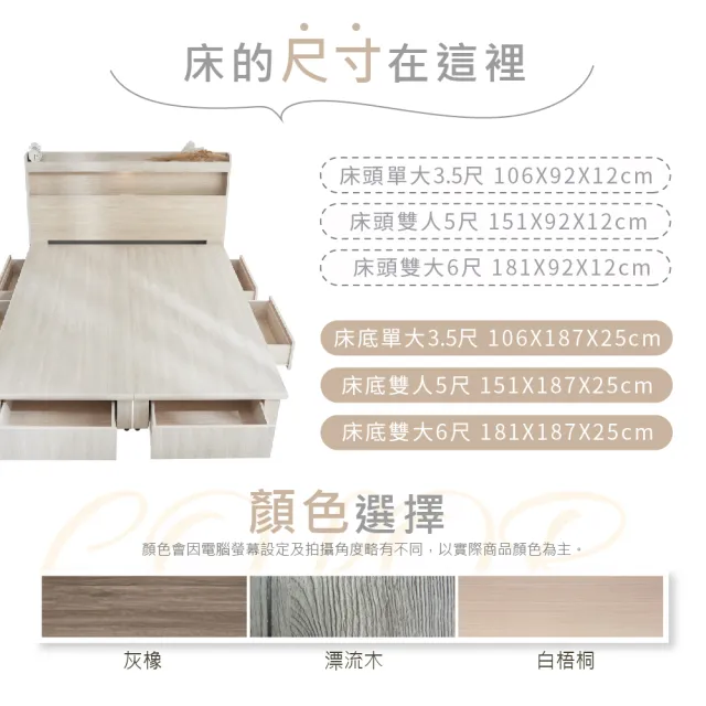 【藤原傢俬】遙控/觸控燈附插座木芯板新6抽床組6尺雙人加大(新6抽床架/床底+床頭)