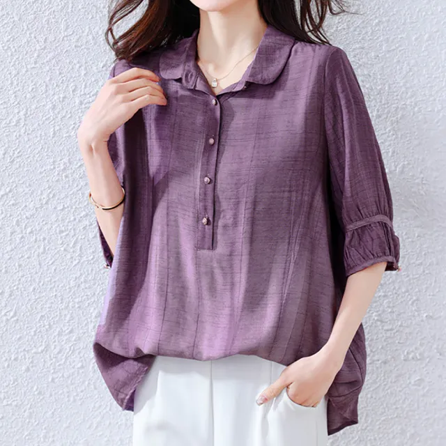 【麗質達人】7052紫色翻領短袖上衣-LY(M-3XL)