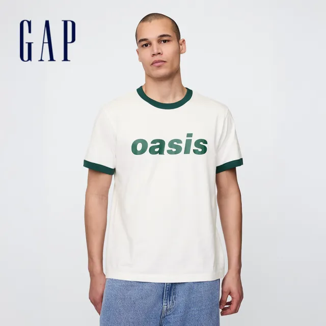 【GAP】男裝 Gap x Oasis聯名 純棉印花圓領短袖T恤-白色(767478)