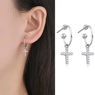 【ANGEL】閃亮十字架水鑽圈圈垂墜耳環(銀色)