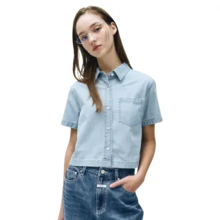 【MARITHE FRANCOIS GIRBAUD】官方旗艦 女版 LOGO丹寧短袖襯衫 MFG 牛仔襯衫(淺藍)