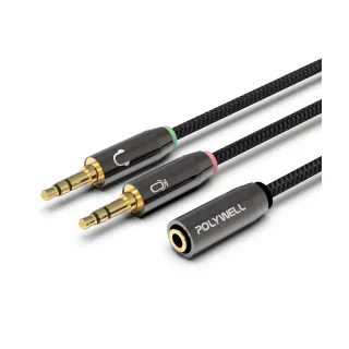 【POLYWELL】3.5mm AUX音源轉接線 1母2公 BRAID版 /25公分
