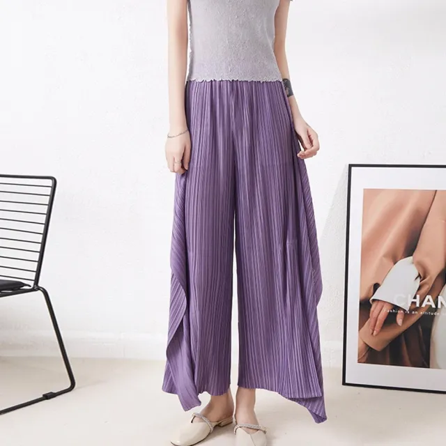 【米蘭精品】現貨+預購 三宅風皺褶衣服摺褲寬鬆闊腿褲寬褲摺衣彈力長褲顯瘦折衣大碼(九分女褲子3色74fh11)