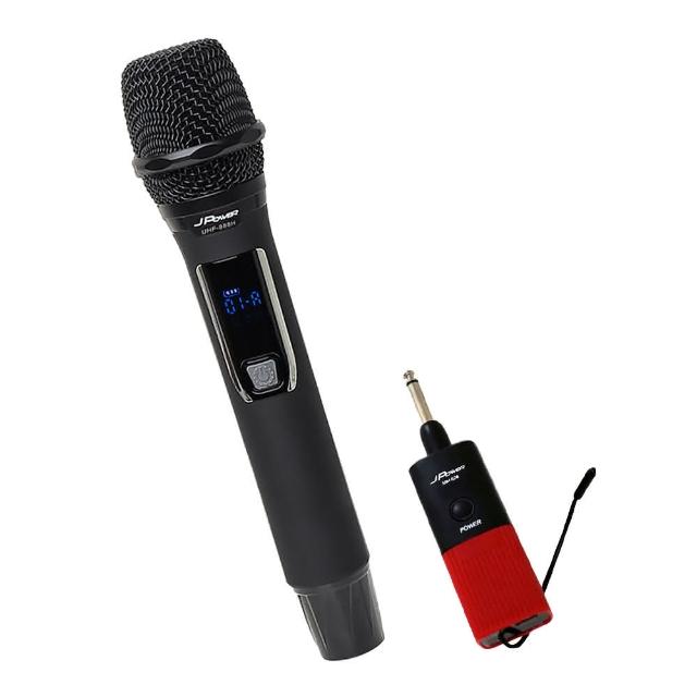 J-POWER 傑強 震天雷式麥克風組 UHF-999 雙機型，採用超心型指向麥克風，舞臺效果絕佳，全管身設計，握感優越。配備 38mm 動圈式大音頭，聲音清晰飽滿，適用於家庭 K 歌、家用音響、車用音響及會議使用。內建 LED 顯示屏，音量控制方便，有效輸出音壓達 120 dB，電池續航 8 小時，適合專業與娛樂場景。