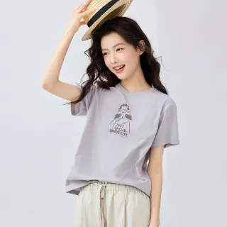 【GIORDANO 佐丹奴】女裝浣熊印花短袖上衣(22 灰紫)