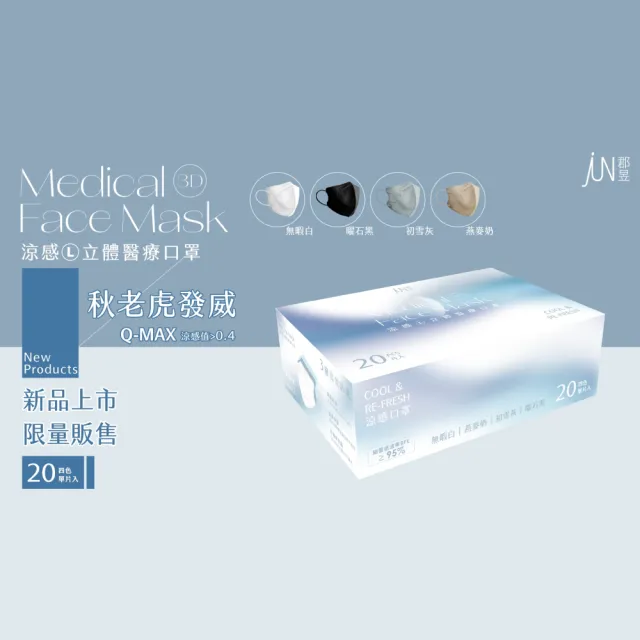 【JUN 郡昱】成人L涼感立體醫療口罩4色各5片入/盒；2盒組(台灣製造 3D口罩 立體口罩)