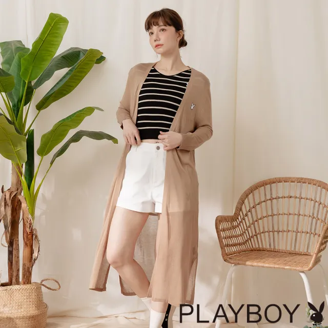 【PLAYBOY】冰絲長版針織外套(深駝色)