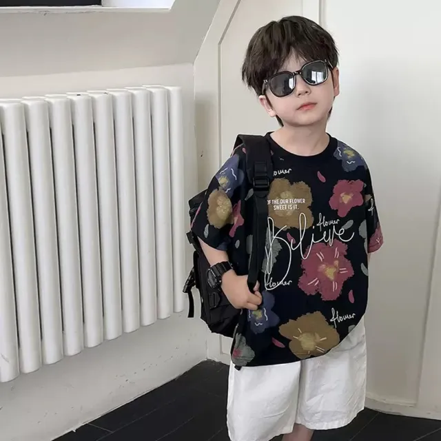 【安朵童舖】現貨韓版兒童短袖上衣男童寬鬆半袖上衣短袖T恤中大童休閒上衣女童花朵上衣(011)