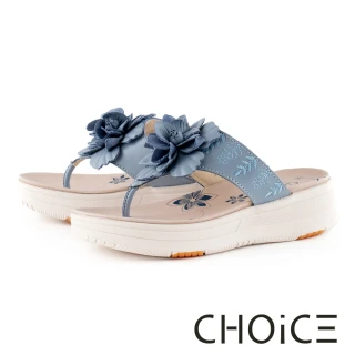 【CHOiCE】真皮立體花朵刺繡夾腳厚底休閒拖鞋(淺藍)