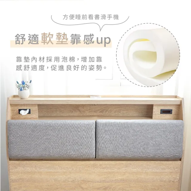 【藤原傢俬】貓抓皮靠枕收納床頭箱附充電插座雙人加大6尺(不含床架/底)