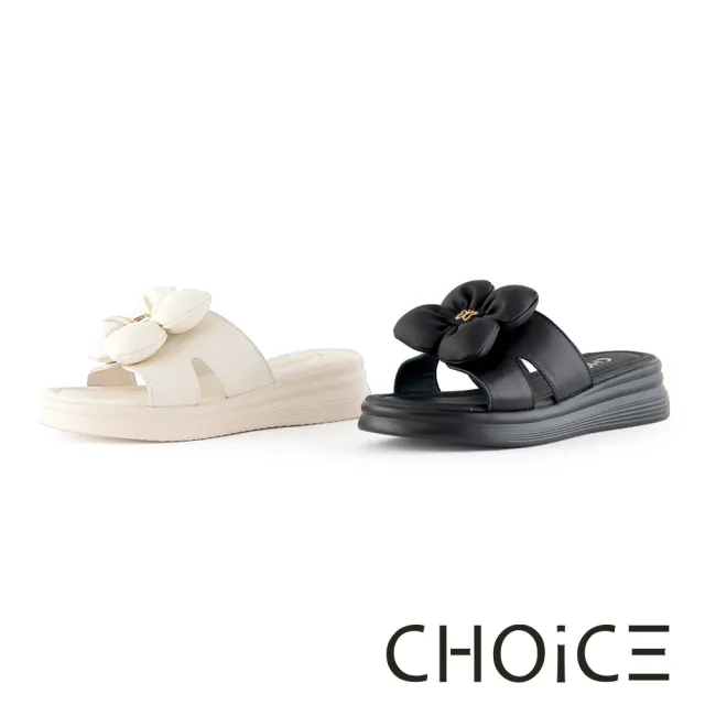 【CHOiCE】雲朵澎澎花朵牛皮一字厚底拖鞋(米色)