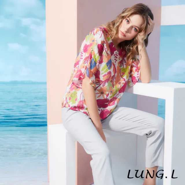 【LUNG.L 林佳樺】LR53A 桃紅色印花V領棉質五分袖女裝上衣(春夏新品 加大尺碼)