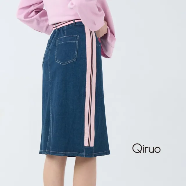 【Qiruo 奇若名品】牛仔彈性布 側邊粉色寬線條修飾 藍色五分牛仔裙1819B