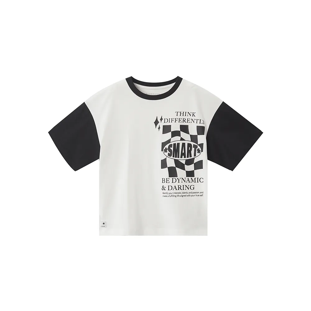 【GIORDANO 佐丹奴】童裝拼接印花短袖上衣 think differently(02 皎白)