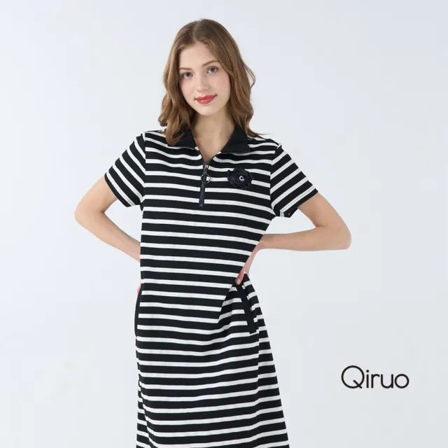【Qiruo 奇若名品】上等棉質POLO款黑白線條 拉鍊短袖有領雙口袋洋裝1808F