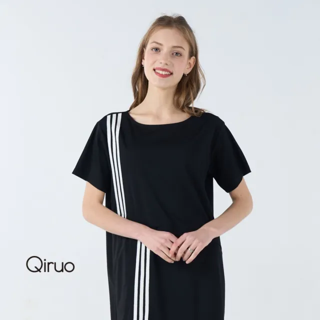 【Qiruo 奇若名品】三條白線線修飾身型設計 黑色膝上短袖洋裝3059F