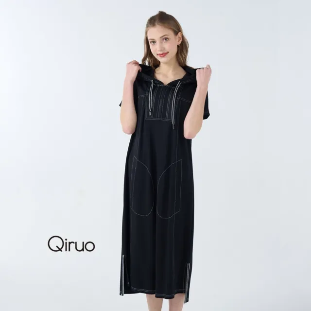 【Qiruo 奇若名品】中厚棉質間約車縫邊線設計 連帽短袖中長黑色洋裝6209F