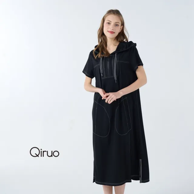 【Qiruo 奇若名品】中厚棉質間約車縫邊線設計 連帽短袖中長黑色洋裝6209F