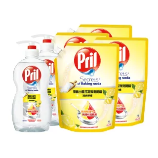【Pril 淨麗】小蘇打高效/植純萃洗碗精2瓶+4補充包(檸檬/草本/檸檬草 強力去油)