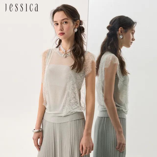 【JESSICA】氣質輕薄針織拼接蕾絲圓領針織背心J53506（白）