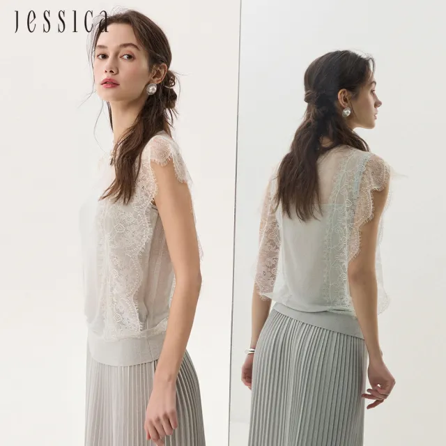 【JESSICA】氣質輕薄針織拼接蕾絲圓領針織背心J53506（白）