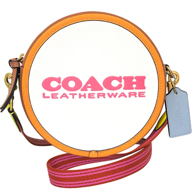 【COACH】專櫃款荔枝紋皮革撞色圓形斜背包(象牙白色)