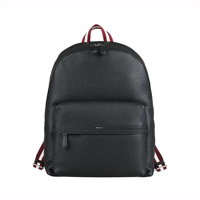 【BALLY】BALLY Code簡約皮標燙印LOGO荔枝紋設計牛皮/帆布拉鍊後背包(黑)