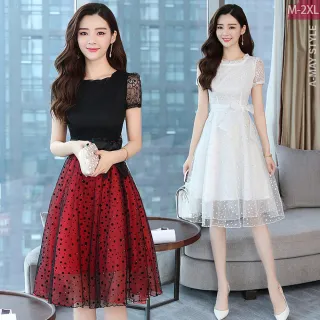 【Amay Style 艾美時尚】現貨 中大尺碼女裝 洋裝禮服 蕾絲 連身洋裝 修身顯瘦拼接網紗洋裝。S-2XL(3色)