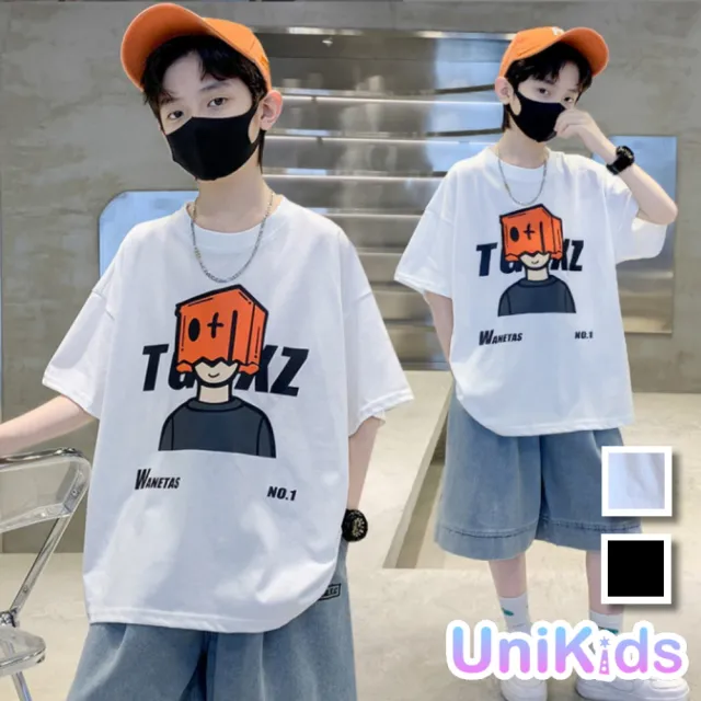 【UniKids】中大童裝短袖T恤 紙箱男孩上衣 男大童裝女大童裝VPTGXZ9868(白 黑)